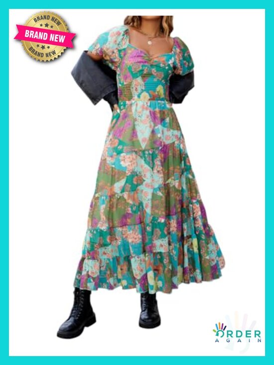 Dresses & Skirts - Floral Maxi Dress Short Puff Sleeve V Neck Bohemian Flowy Smocked Casual